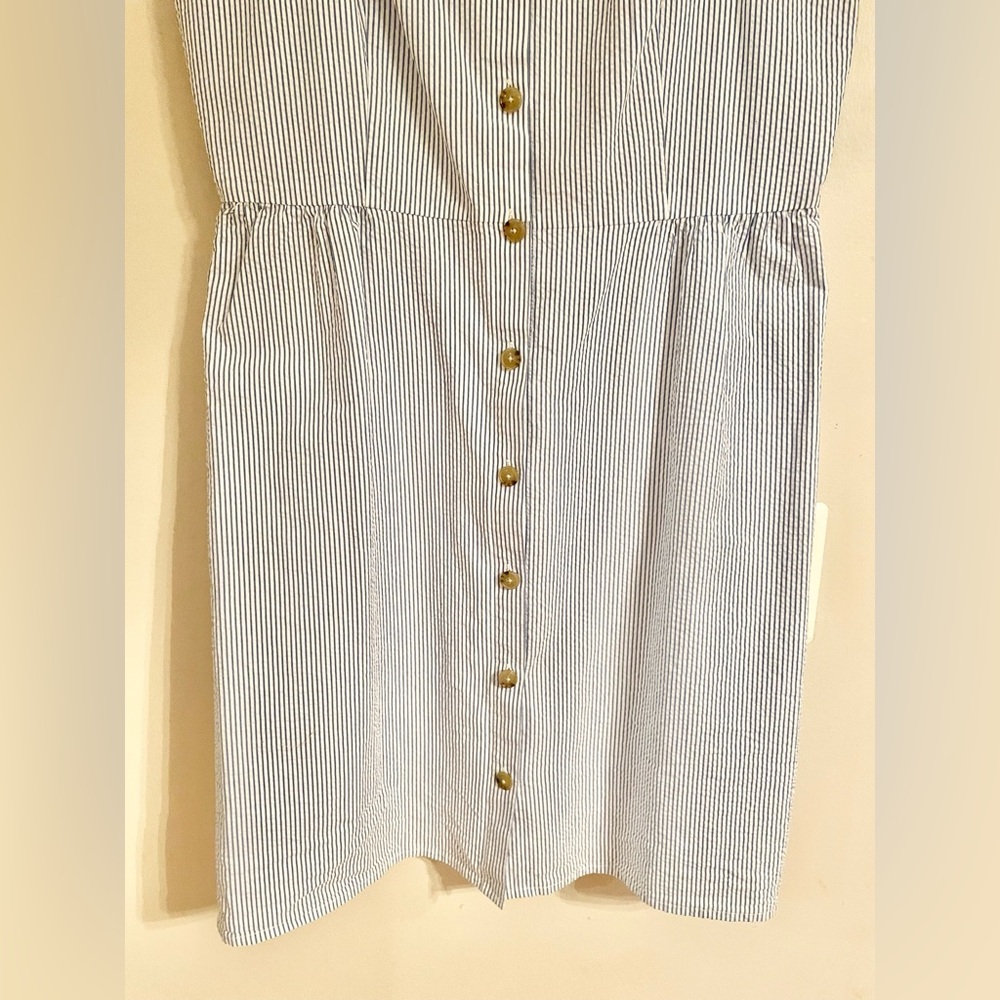 J. Crew Dress Midi Button Up Sleeveless Stripe Seersucker Blue White Sz 12- EUC - Picture 7 of 14